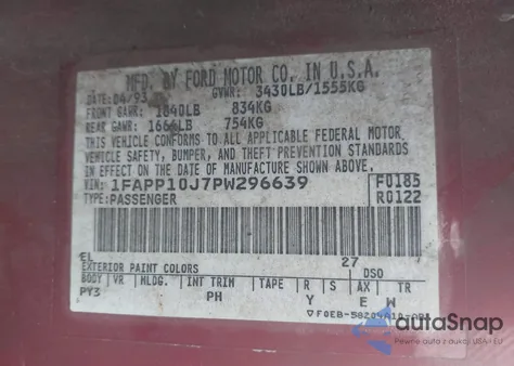 1993 Ford Escort из США, поврежденный, VIN 1FAPP10J7PW296639